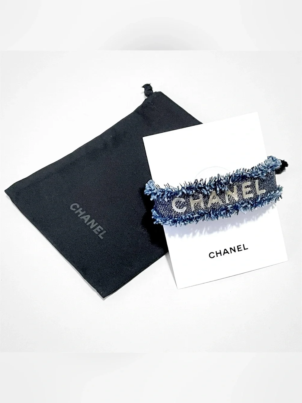 Authentic CHANEL Women Denim Wristband Leather Bangle With Hook - Worn Leather